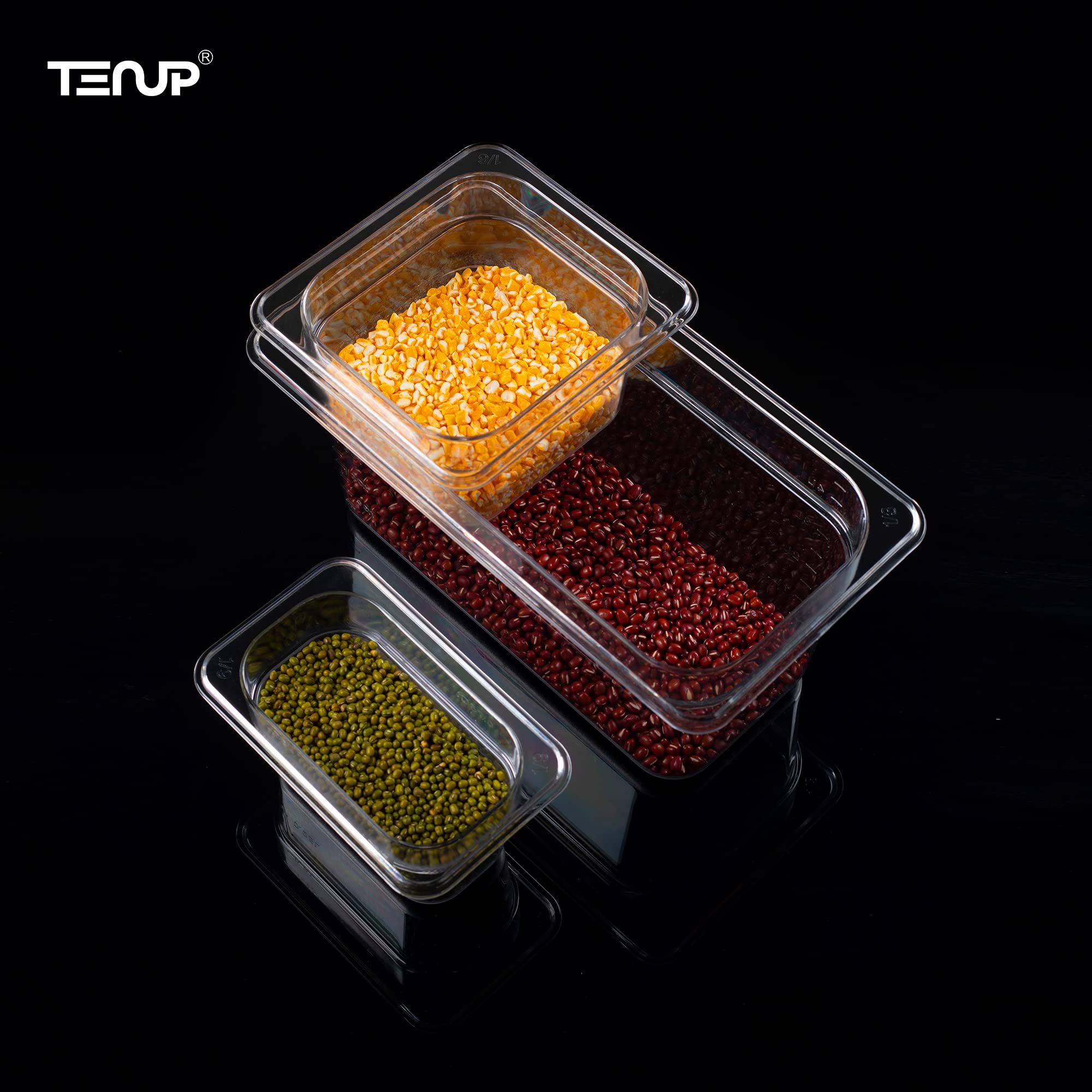 TenUp 6 Pack 1/3 Size 6'' Deep Clear Polycarbonate Food Pan with Lid, Commercial