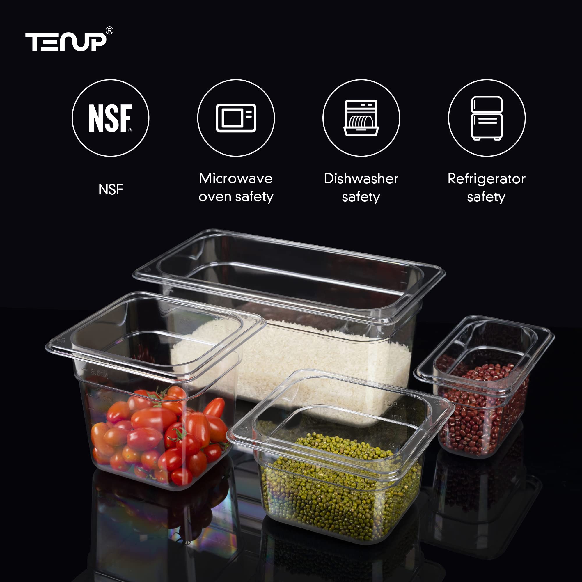 TenUp 6 Pack 1/3 Size 6'' Deep Clear Polycarbonate Food Pan with Lid, Commercial