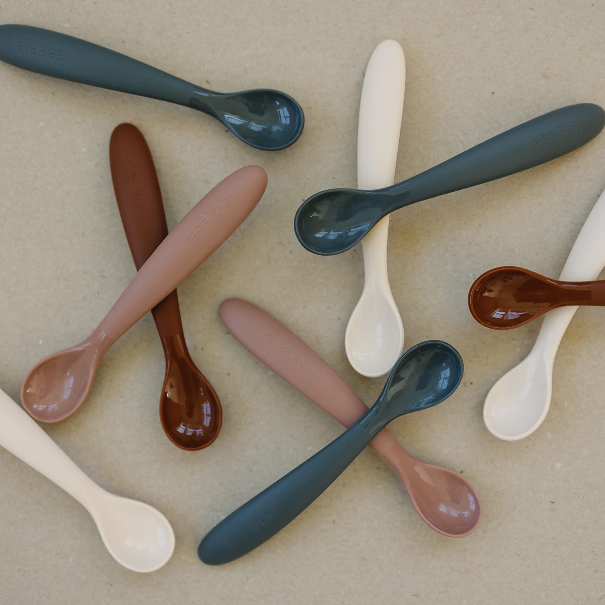 Mebie Baby Silicone Bib and Silicone Spoon Set, Brown, Cream, and Dusty Rose, Baby Bibs for Boy or Girl, Silicone Baby and Toddler Spoons for Snacks and Meal Time