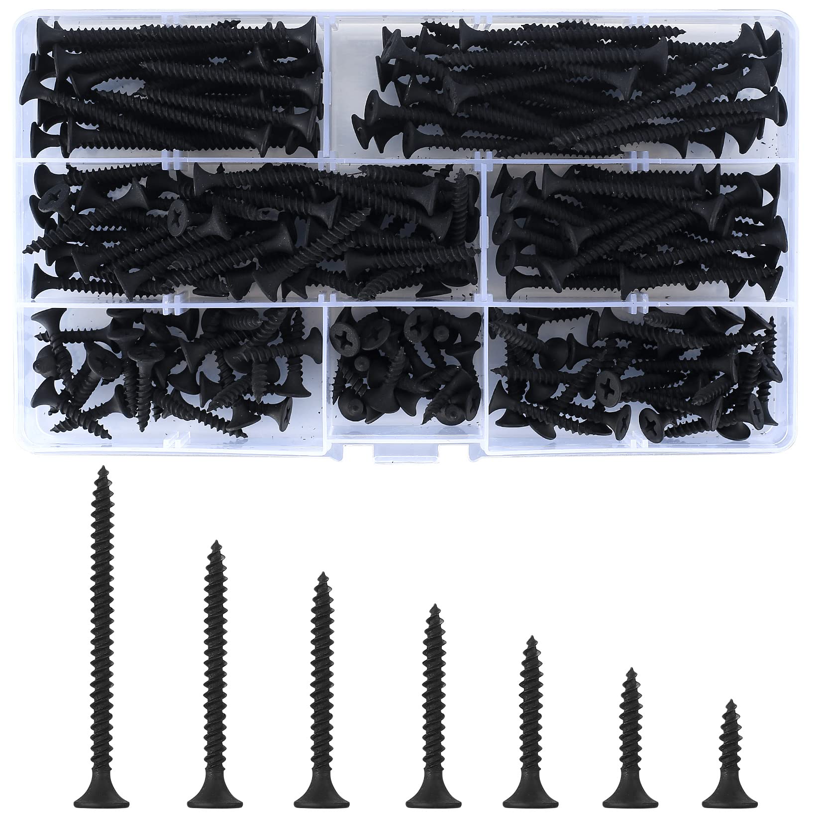 YOUYIDUN - 220 Pieces Black Wood Screws Assortment Kit, Phillips Drive Truss Head Flat Head Self-Tapping Screws, Carbon Steel Screws for Wood, M3.5 x (16/20/25/30/35/40/50) mm