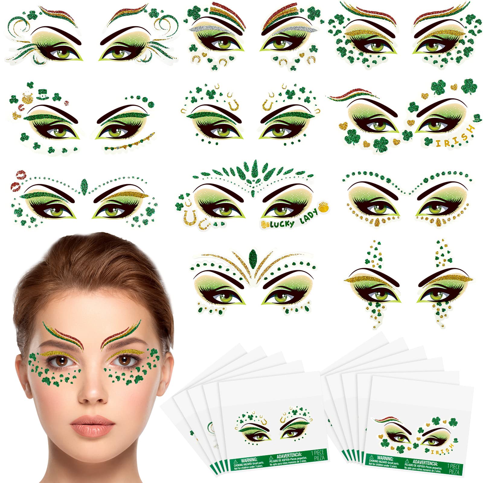 117 Pcs St. Patrick's Day Glitter Face Tattoos Green Face Jewelry Tattoos Temporary Face Jewelry Three Leaf Glitter Shamrock Clover for St. Patrick's Day Party Accessory, 33 Sheets