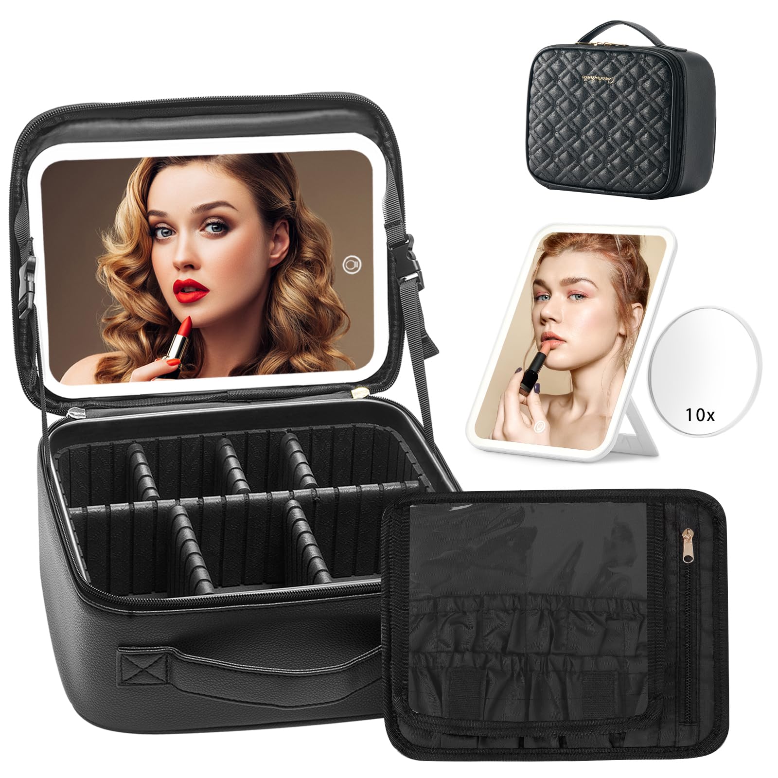 Omobolanle Makeup Bag with Mirror Led Light Detachable Portable Make up Travel Train Case with Adjustable Dividers and 10x Magnifying Mirror Black