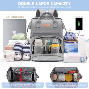 LexiRoman Diaper Bag Backpack Large Capacity Diaper Bag with Changing Pad for Boy Girl Travel for Moms Dads Baby Registry Search Shower Gifts Waterproof Gray