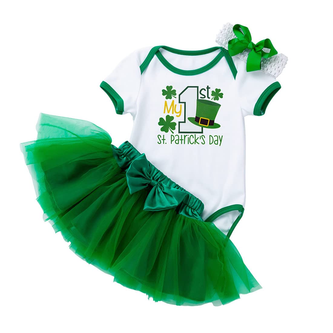 Zusnxaxe Infant Baby Girl My 1st St. Patrick's Day Outfit Short Sleeve Shamrock Bodysuit and Green Tutu Dress Bow Headband 3Pcs Clothes 3-6 Months