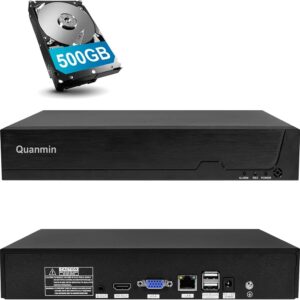 quanmin 8ch 5mp nvr with 500gb hdd network video recorder 25ft night vision,supports 8ch 5mp/4mp/3mp/1080p/720p ip camera,h.265+,hdmi,vga output,p2p,app remote access for security cctv camera systems