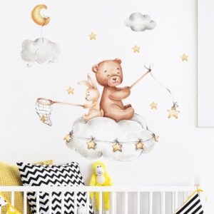 Cute Bear and Bunny on Clouds Nursery Decor Cute Bear and Rabbit with Clouds Stars Wall Decals Vinyl Wall Stickers for Kids Boys Girls Bedroom Daycare Classroom Playroom and Kids Room Wall Decor