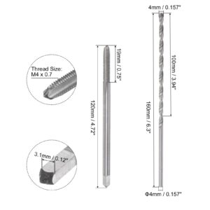 uxcell Tap & Bit Sets, M4 x 0.7 H2 Straight Flute Machine Thread Milling Tap 120mm Extra Long, 4mm High Speed Steel (HSS) Twist Drill Bit