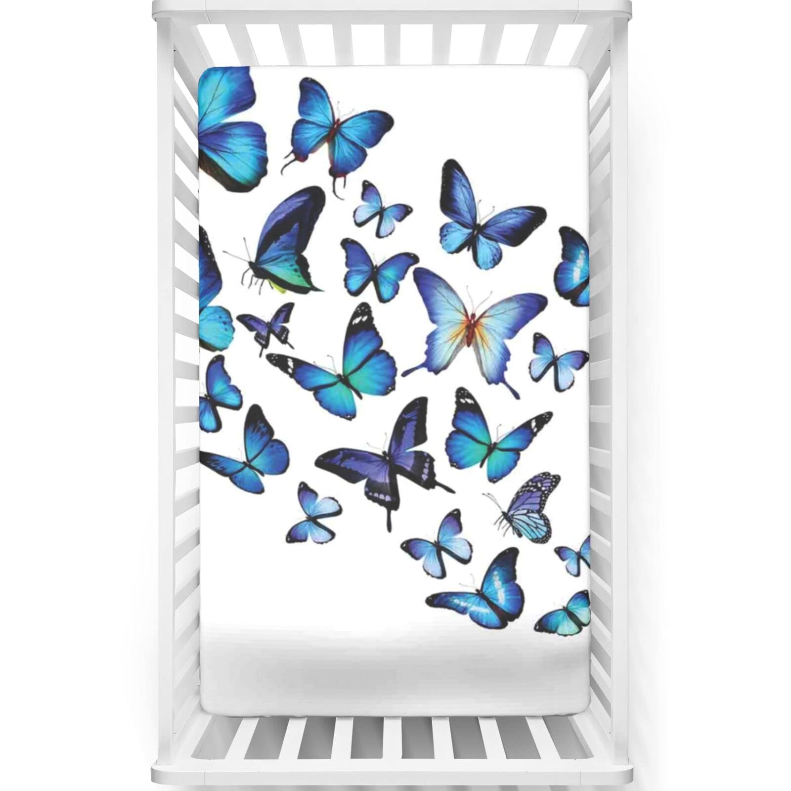 Butterflies Themed Fitted Mini Crib Sheets,Portable Mini Crib Sheets Soft and Breathable Bed Sheets-Baby Sheet for Boys Girls, 24“ x38“,Sky Blue Black Blue