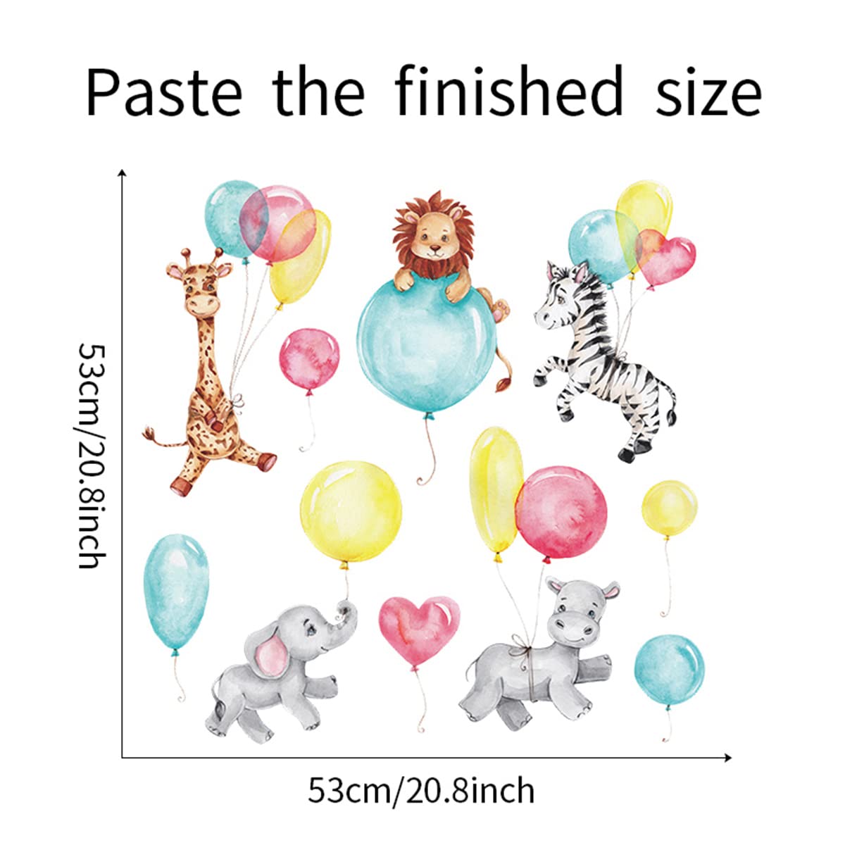 Animals with Balloons Nursery Decor Cute Jungle Animals Safari Balloons Wall Decals Giraffe Lion Zebra Hippo Elephant Vinyl Wall Stickers for Kids Boys Girls Bedroom Daycare Classroom Playroom and Kids Room Wall decor