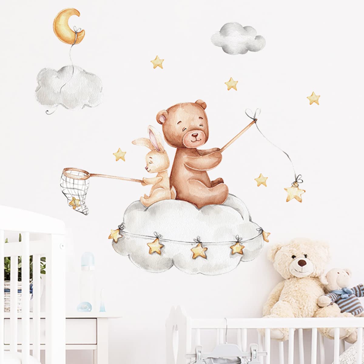 Cute Bear and Bunny on Clouds Nursery Decor Cute Bear and Rabbit with Clouds Stars Wall Decals Vinyl Wall Stickers for Kids Boys Girls Bedroom Daycare Classroom Playroom and Kids Room Wall Decor