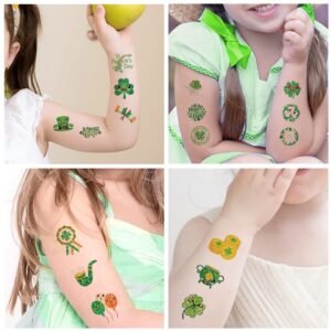 16 Sheets St Patrick's Day Tattoos for Kids, 96 Pieces Glitter Temporary Tattoos Green Shamrock Hat Irish Pattern Stickers for Face Body St Patricks Day Decorations Party Favors