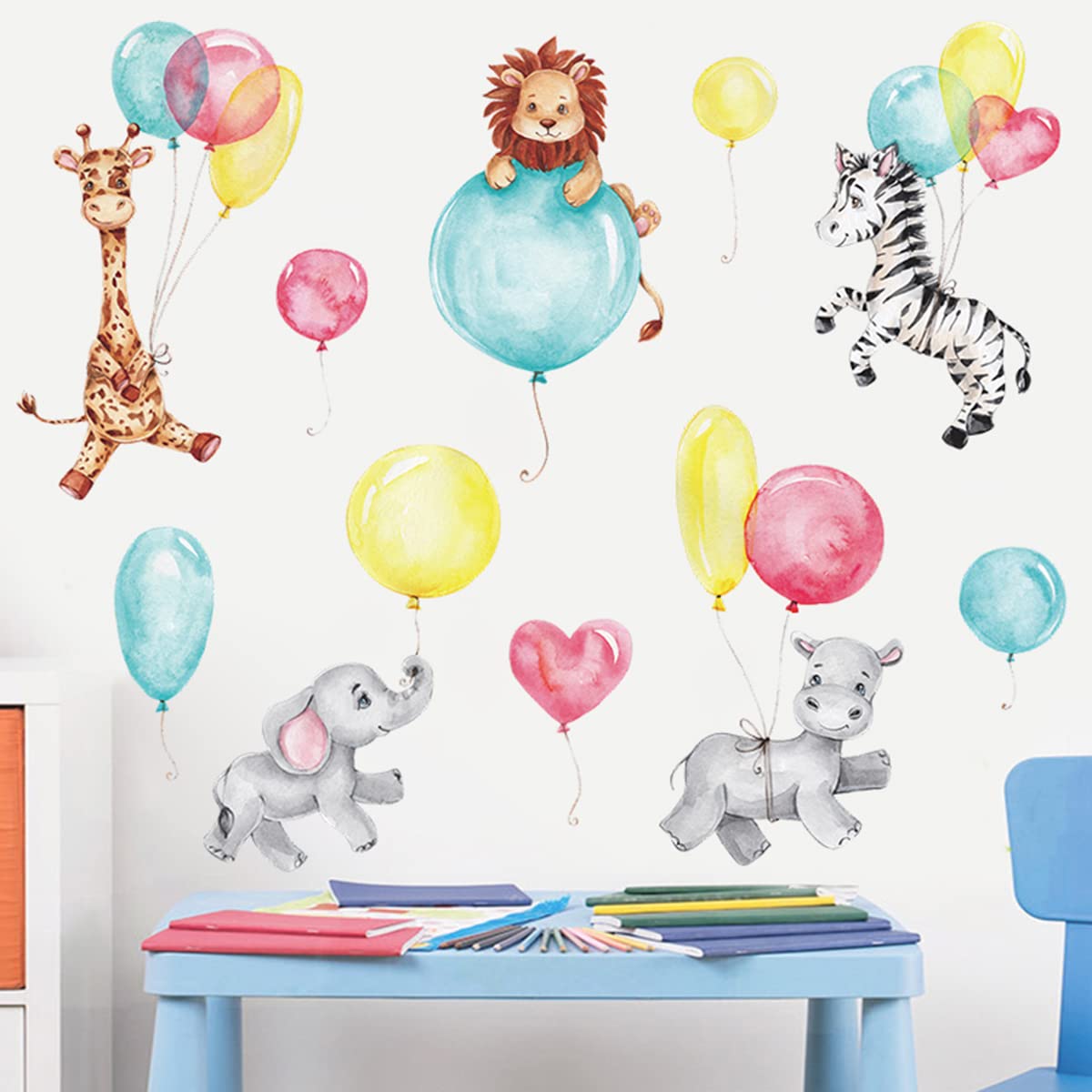 Animals with Balloons Nursery Decor Cute Jungle Animals Safari Balloons Wall Decals Giraffe Lion Zebra Hippo Elephant Vinyl Wall Stickers for Kids Boys Girls Bedroom Daycare Classroom Playroom and Kids Room Wall decor