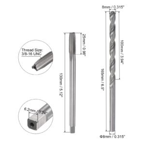 uxcell Tap & Bit Sets, 3/8-16 UNC H2 Straight Flute Machine Thread Milling Tap Extra Long, 8mm High Speed Steel (HSS) Twist Drill Bit