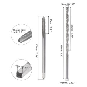 uxcell Tap & Bit Sets, M5 x 0.8 H2 Straight Flute Machine Thread Milling Tap 100mm Extra Long, 5mm High Speed Steel (HSS) Twist Drill Bit