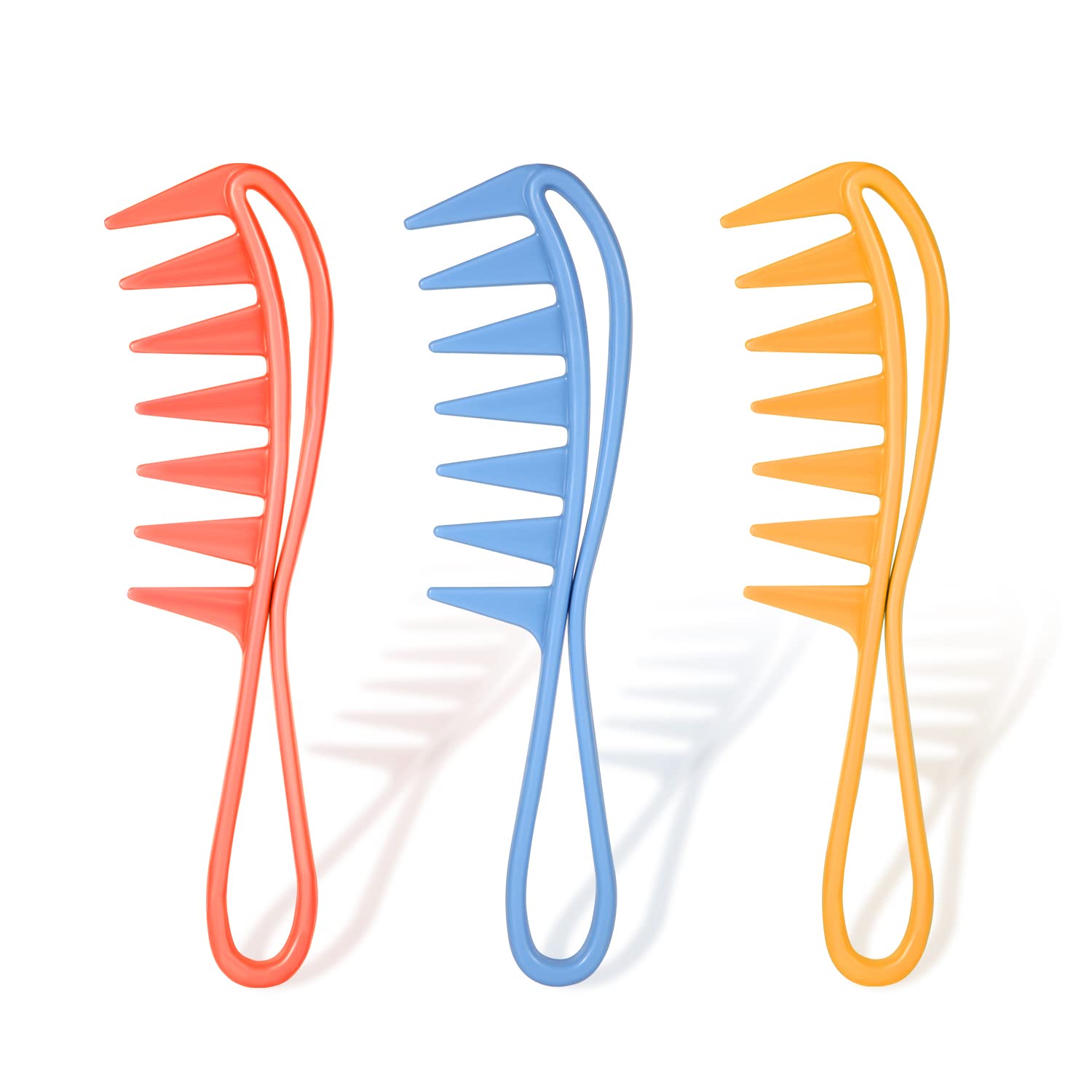 3Pcs Wide Tooth Comb, Large Tooth Combs Wide Tooth Curl Comb Shark Teeth Hair Hairstyle Tool for Curly Wet Wavy Thick Hair Wigs Barber Salon, Women Men (Orange, Blue, Pink)