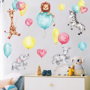 Animals with Balloons Nursery Decor Cute Jungle Animals Safari Balloons Wall Decals Giraffe Lion Zebra Hippo Elephant Vinyl Wall Stickers for Kids Boys Girls Bedroom Daycare Classroom Playroom and Kids Room Wall decor