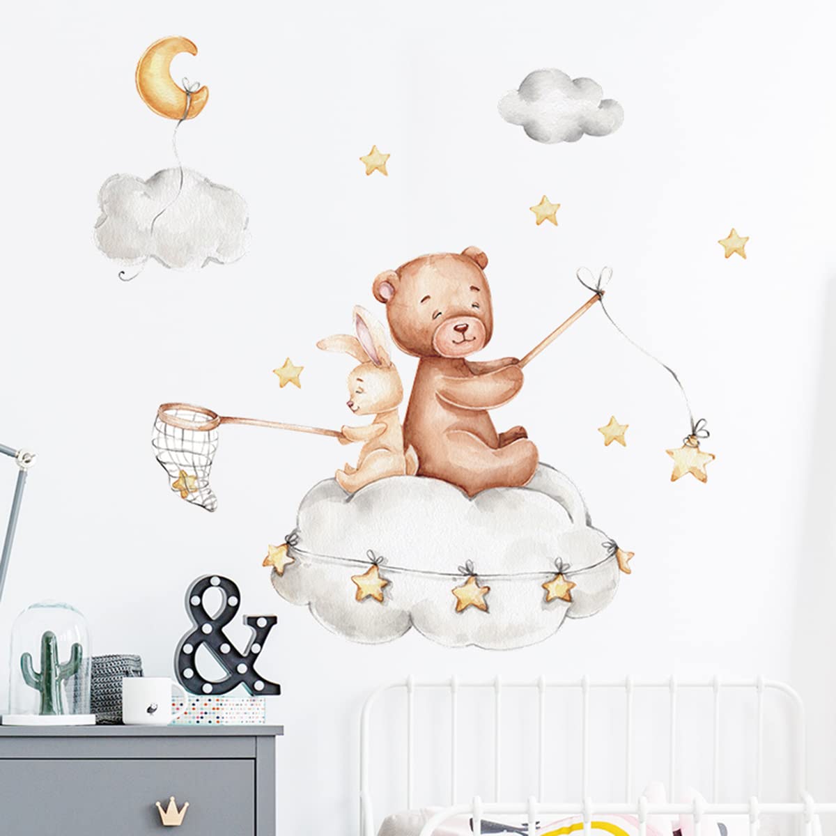 Cute Bear and Bunny on Clouds Nursery Decor Cute Bear and Rabbit with Clouds Stars Wall Decals Vinyl Wall Stickers for Kids Boys Girls Bedroom Daycare Classroom Playroom and Kids Room Wall Decor