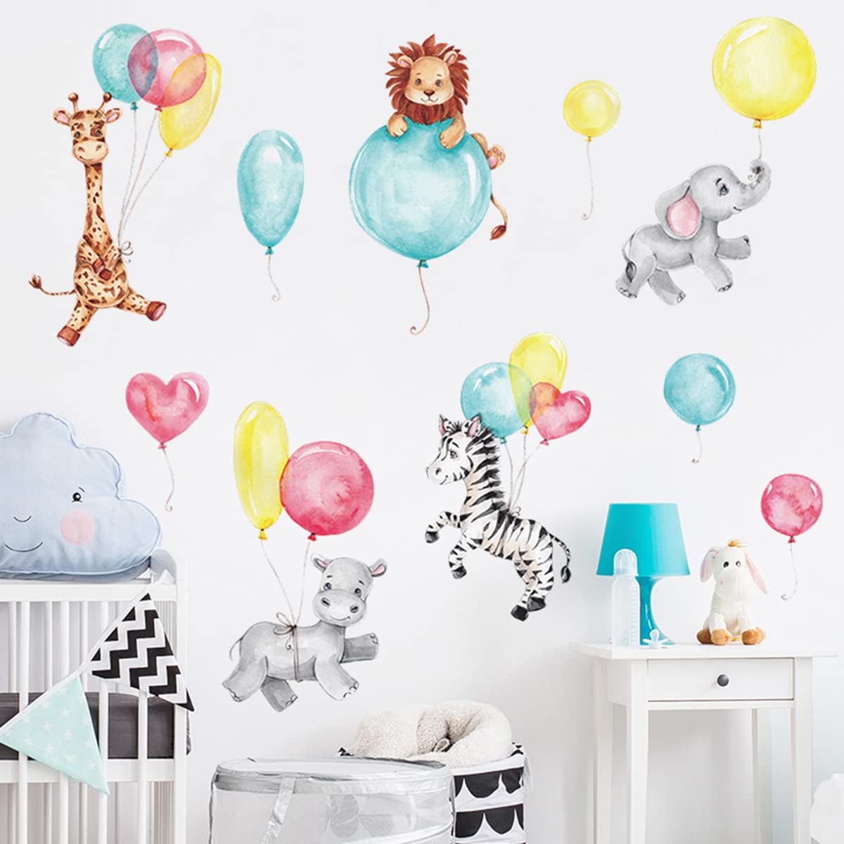 Animals with Balloons Nursery Decor Cute Jungle Animals Safari Balloons Wall Decals Giraffe Lion Zebra Hippo Elephant Vinyl Wall Stickers for Kids Boys Girls Bedroom Daycare Classroom Playroom and Kids Room Wall decor