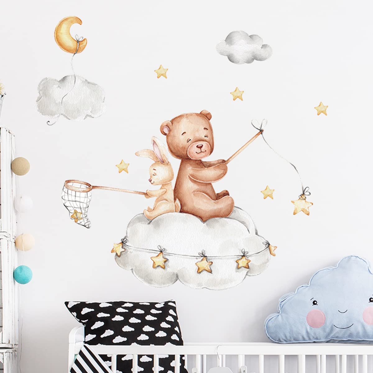 Cute Bear and Bunny on Clouds Nursery Decor Cute Bear and Rabbit with Clouds Stars Wall Decals Vinyl Wall Stickers for Kids Boys Girls Bedroom Daycare Classroom Playroom and Kids Room Wall Decor