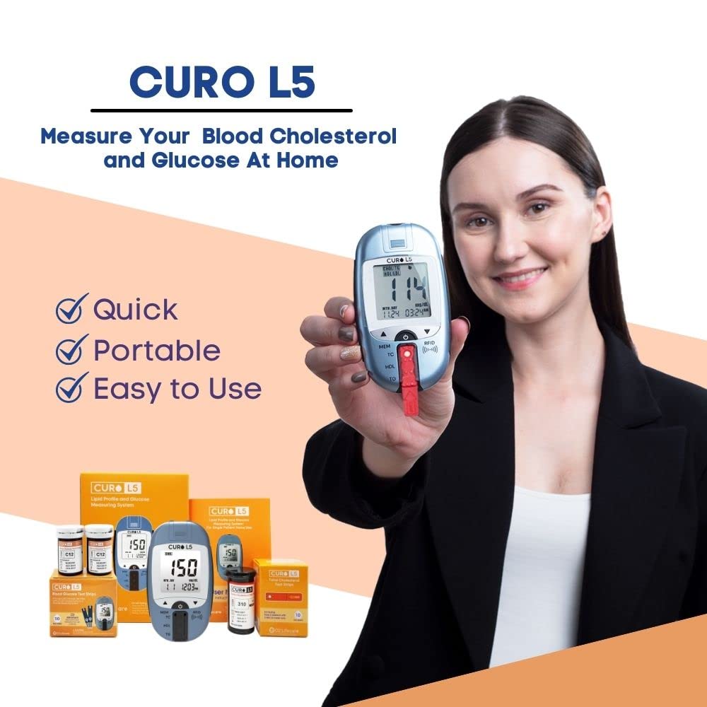 CUROfit Convenient Health Monitoring with L5 Total Cholesterol & Glucose HOME Test Kit - Compact and Portable, Comprehensive Kit, Instant Results, Easy to Use, and Accurate Readings