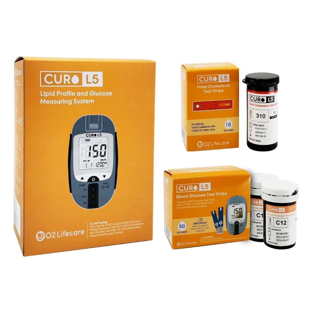 CUROfit Convenient Health Monitoring with L5 Total Cholesterol & Glucose HOME Test Kit - Compact and Portable, Comprehensive Kit, Instant Results, Easy to Use, and Accurate Readings