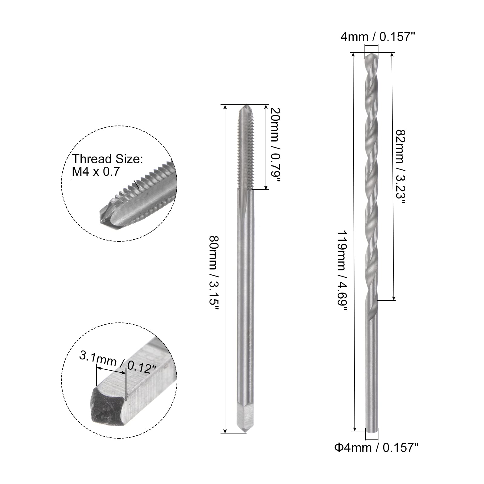 uxcell Tap & Bit Sets, M4 x 0.7 H2 Straight Flute Machine Thread Milling Tap 80mm Extra Long, 4mm High Speed Steel (HSS) Twist Drill Bit