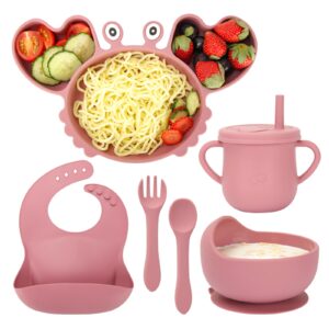 puxdiauk baby feeding set,6 pcs silicone toddler plates and bowls set with suction bowl crab divided plate adjustable bibs spoon fork cup with handle, sturdy and bpa free for toddler kid, dark pink