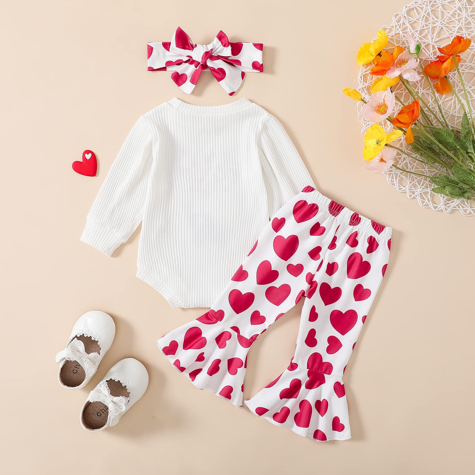 ADXSUN Baby Girl Valentine's Day Outfits Heart Print Romper+Flared Pants+Headband Infant Clothes 0-18 Months