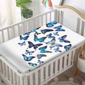 Butterflies Themed Fitted Mini Crib Sheets,Portable Mini Crib Sheets Soft and Breathable Bed Sheets-Baby Sheet for Boys Girls, 24“ x38“,Sky Blue Black Blue