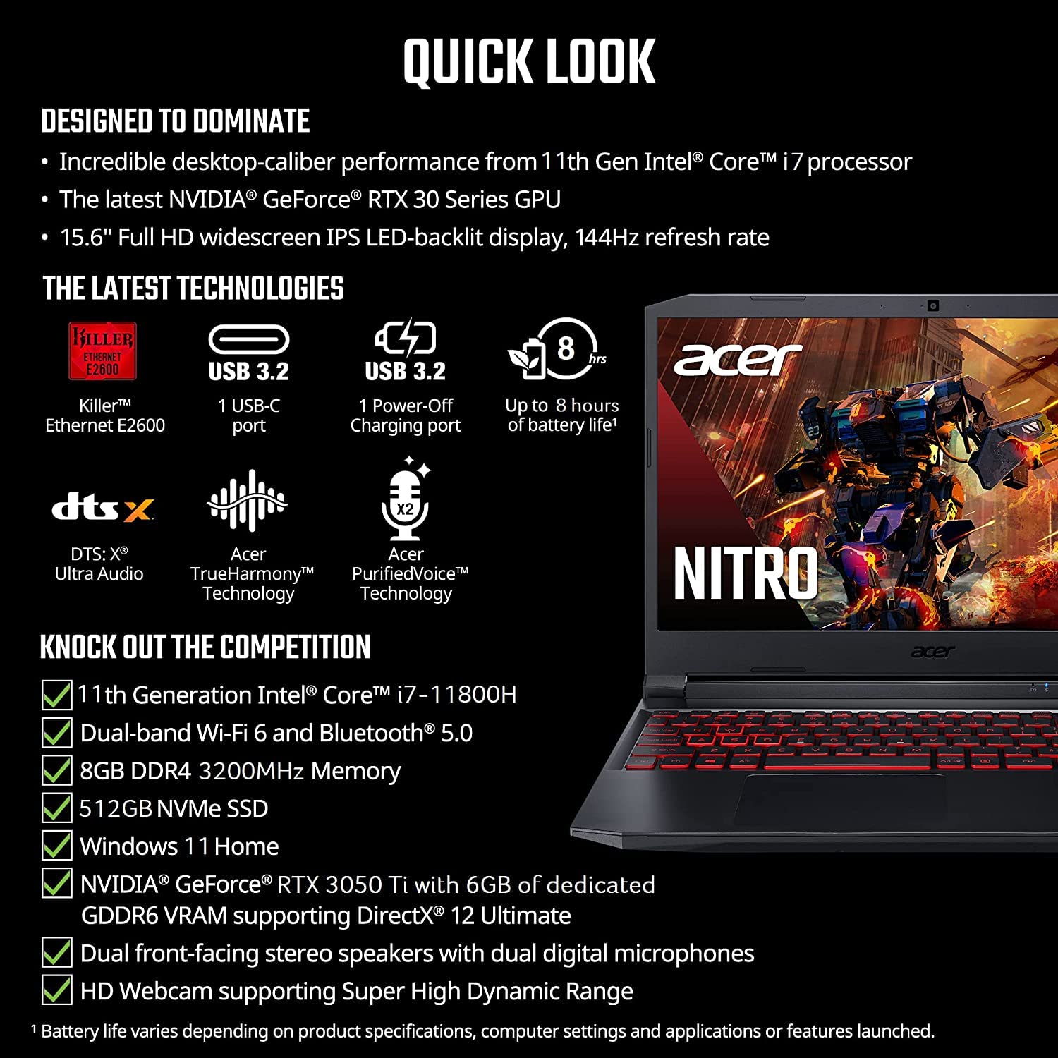 acer Nitro 5 15.6'' 144Hz Gaming Laptop, 11th Intel 8-Core i7-11800H(Beat Ryzen 7 5800H), Nvidia GeForce RTX 3050 Ti 4GB GDDR6, Backlit KB, Windows 11 Home(32GB|1TB SSD), Black