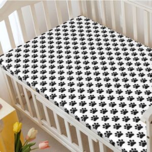 Dog Paws Themed Fitted Mini Crib Sheets,Portable Mini Crib Sheets Soft & Stretchy Fitted Crib Sheet-Crib Mattress Sheet or Toddler Bed Sheet, 24“ x38“,Charcoal Grey and White