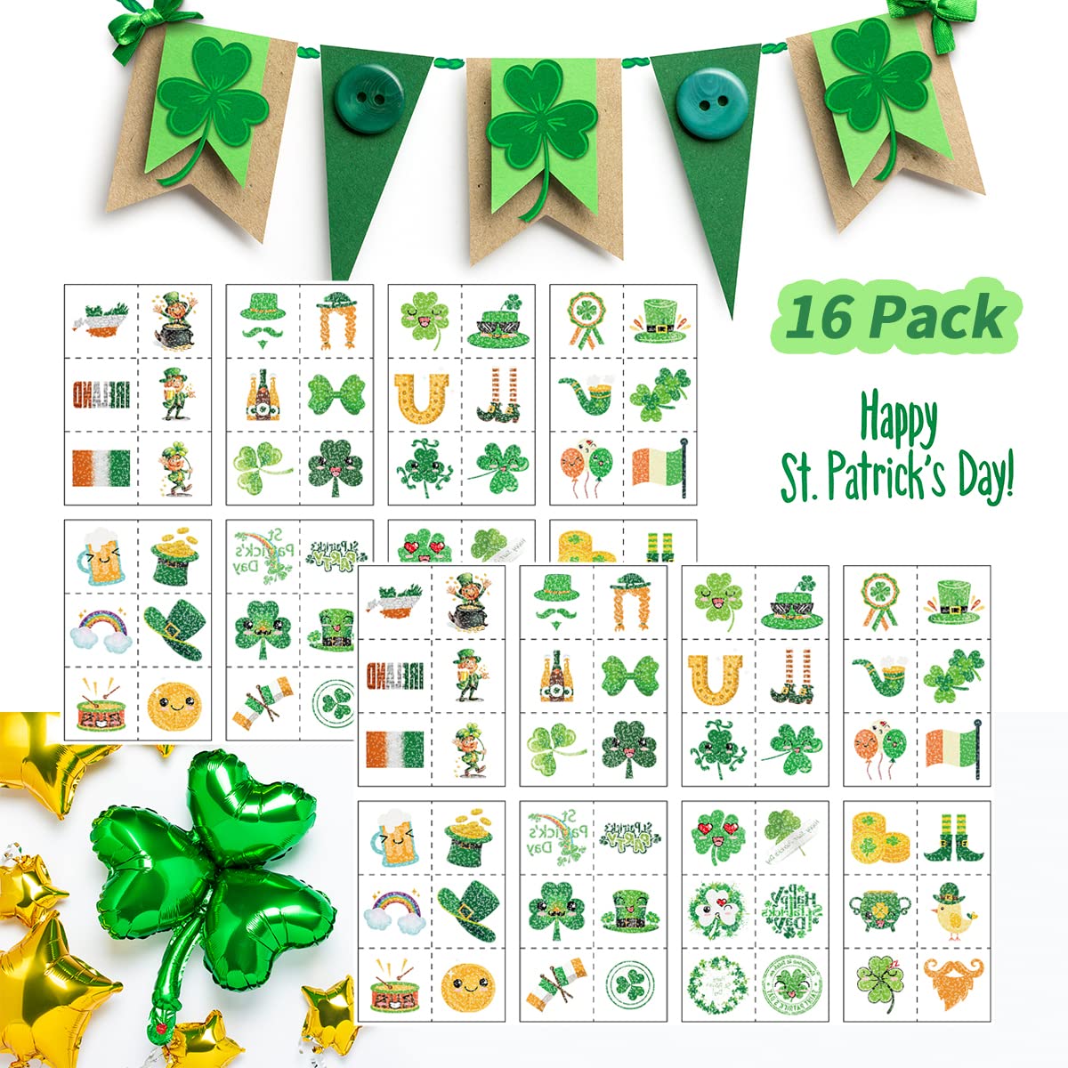 16 Sheets St Patrick's Day Tattoos for Kids, 96 Pieces Glitter Temporary Tattoos Green Shamrock Hat Irish Pattern Stickers for Face Body St Patricks Day Decorations Party Favors