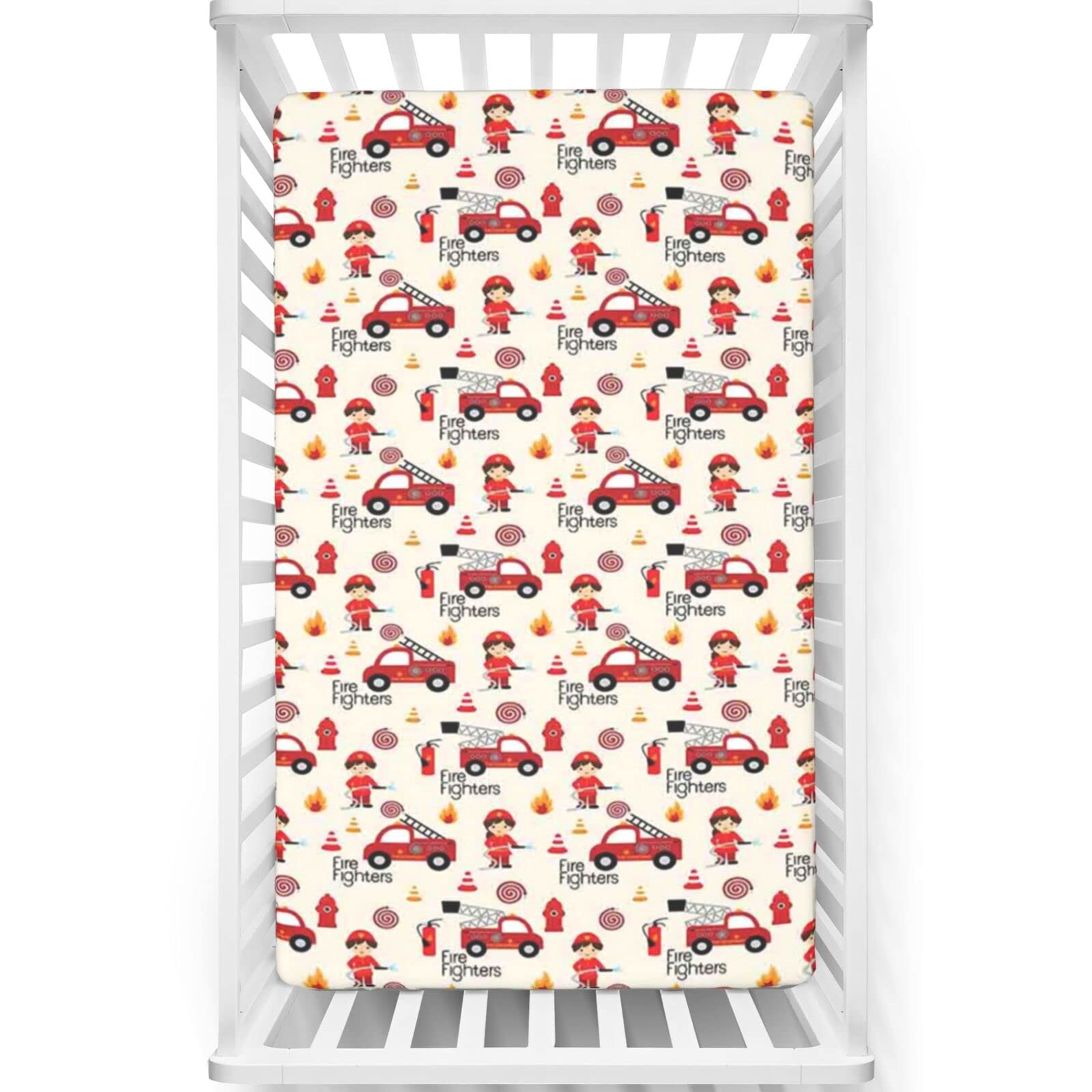 Fire Truck Themed Fitted Crib Sheet,Standard Crib Mattress Fitted Sheet Soft & Stretchy Fitted Crib Sheet-Crib Mattress Sheet or Toddler Bed Sheet, 28“ x52“,Multicolor