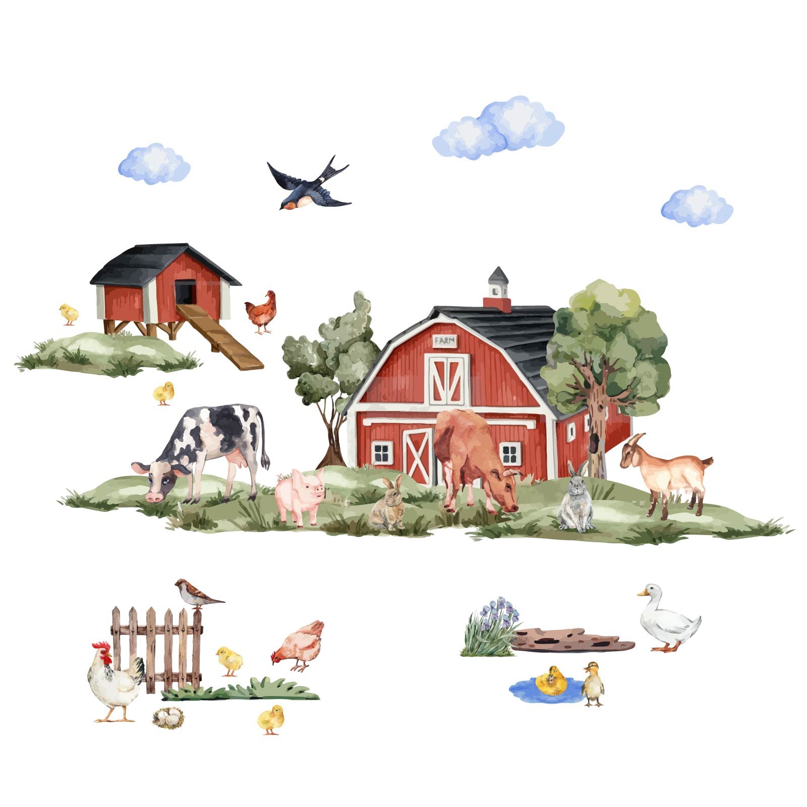 SUPERDANT Farm Landscape Animals Wall Stickers 8 Style Farm Animals Wall Decor Birds Sheep Chickens Wall Decals Removable Vinyl Art Mural Decals for Bedroom Living Room Nursery Decoration