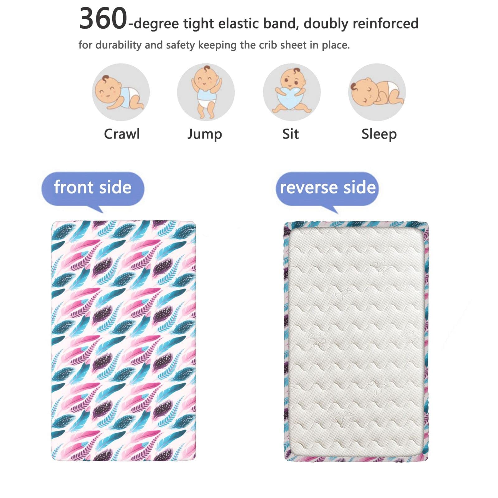 Feather Themed Fitted Crib Sheet,Standard Crib Mattress Fitted Sheet Ultra Soft Material-Baby Sheet for Boys Girls, 28“ x52“,Petrol Blue Pink Plum