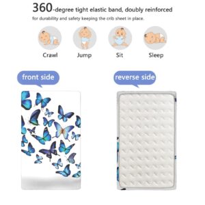 Butterflies Themed Fitted Mini Crib Sheets,Portable Mini Crib Sheets Soft and Breathable Bed Sheets-Baby Sheet for Boys Girls, 24“ x38“,Sky Blue Black Blue