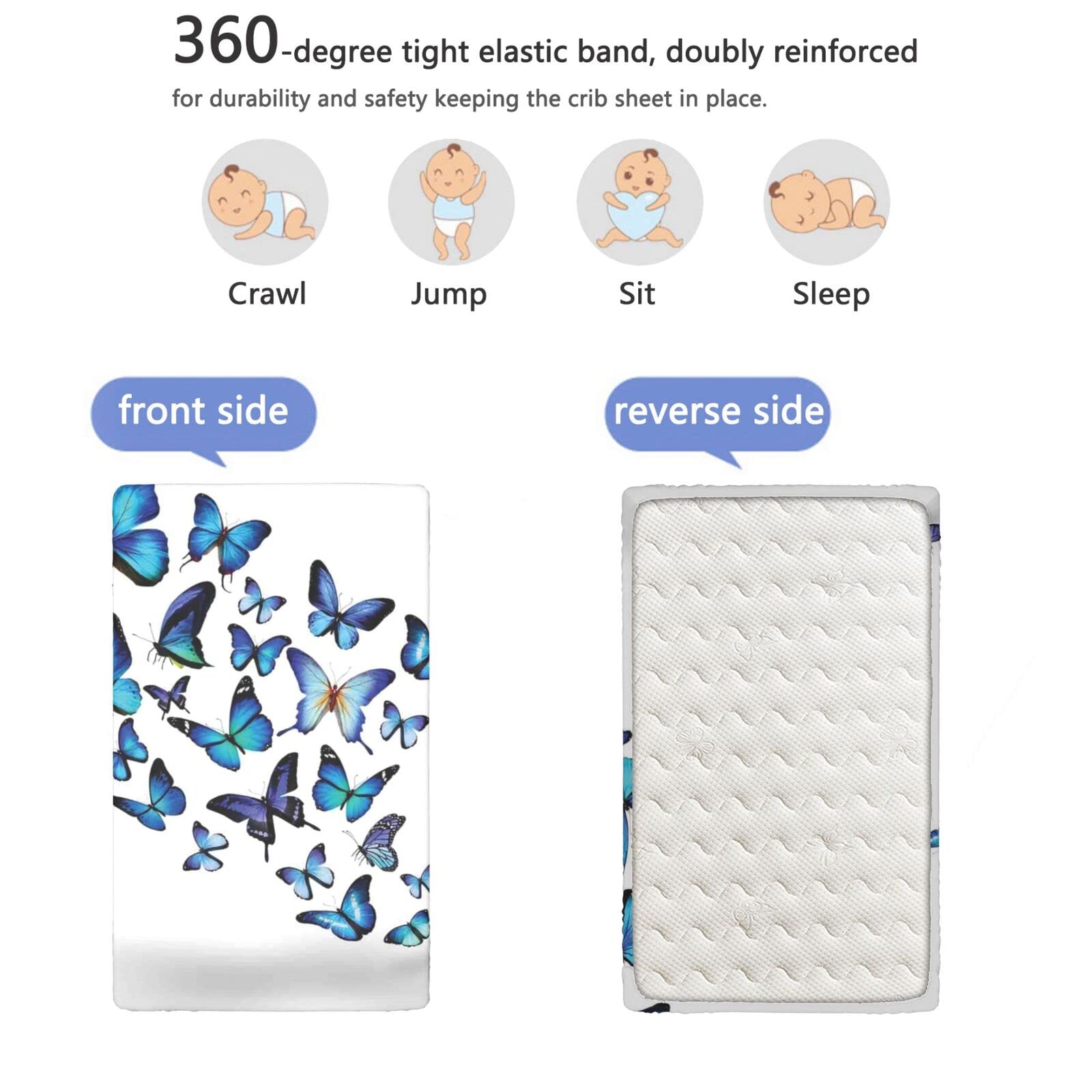 Butterflies Themed Fitted Mini Crib Sheets,Portable Mini Crib Sheets Soft and Breathable Bed Sheets-Baby Sheet for Boys Girls, 24“ x38“,Sky Blue Black Blue