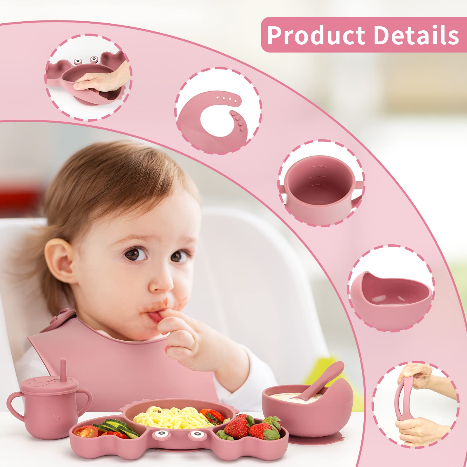 Puxdiauk Baby Feeding Set,6 Pcs Silicone Toddler Plates and Bowls Set with Suction Bowl Crab Divided Plate Adjustable Bibs Spoon Fork Cup with handle, Sturdy and BPA Free for Toddler Kid, Dark Pink