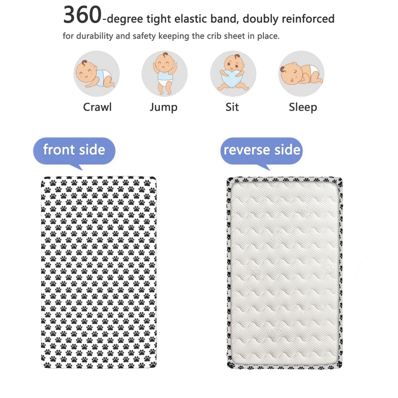 Dog Paws Themed Fitted Mini Crib Sheets,Portable Mini Crib Sheets Soft & Stretchy Fitted Crib Sheet-Crib Mattress Sheet or Toddler Bed Sheet, 24“ x38“,Charcoal Grey and White