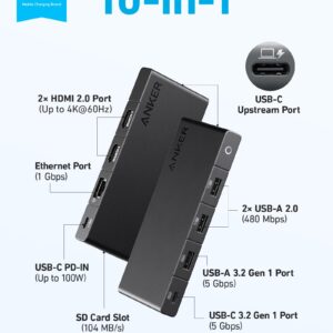 Anker 10-in-1 USB C Hub with 100W Power Delivery, Dual 4K HDMI, 4 USB-A/USB-C Ports, Ethernet, SD Card Slot for Laptops