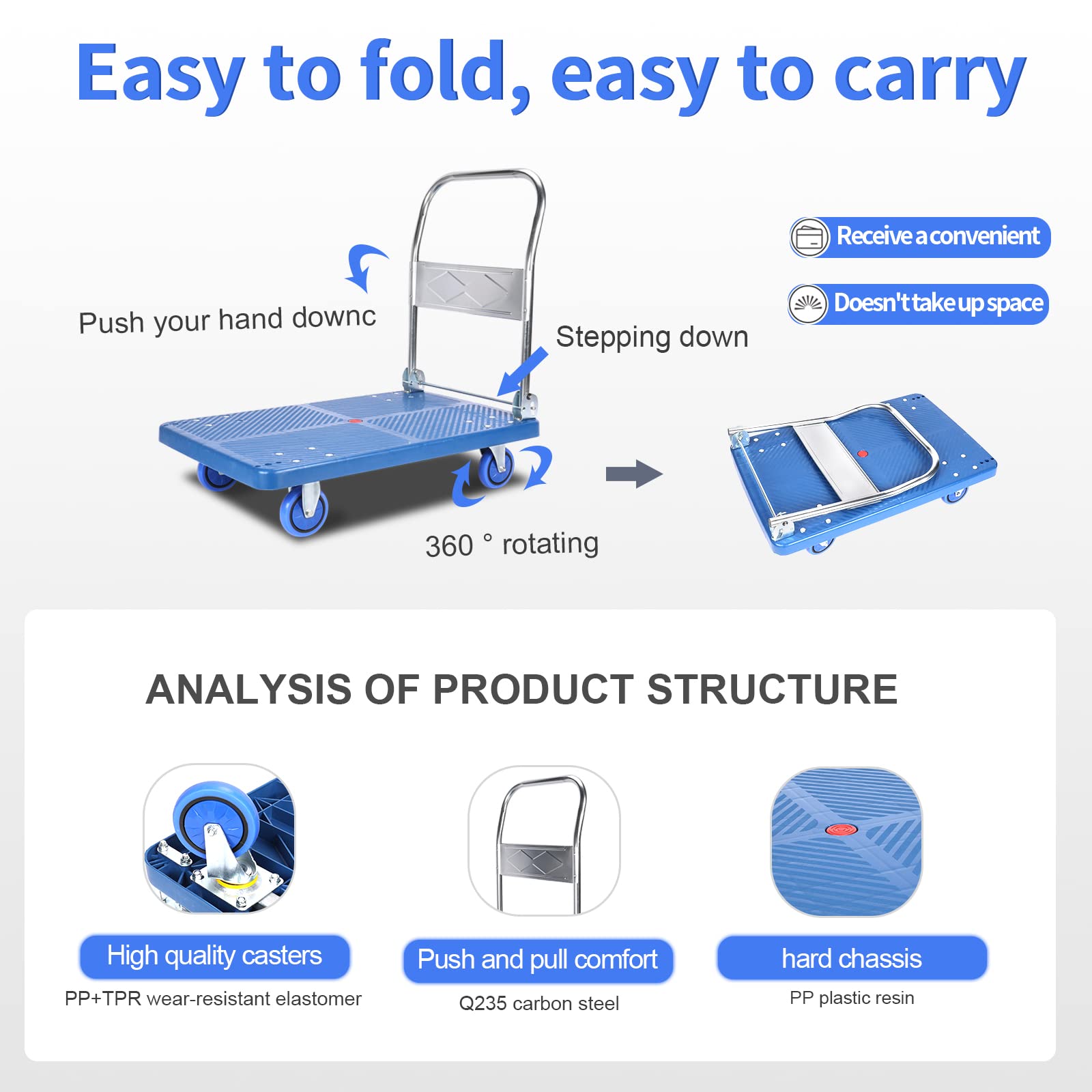 Heavy Duty Platform Hand Truck for Moving, Folding Flatbed Dolly with 360 Degree Swivel Wheels Foldable Push Hand Cart for Loading and Storage (L)