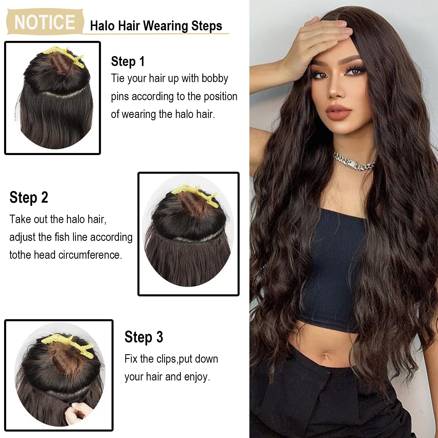 Halo Hair Extensions Thick Invisible Wire Hair Extension 5 Types Adjustable Headwidth Size Wavy Curly Long 18 Inches Hairpiece(Chocolate Brown)