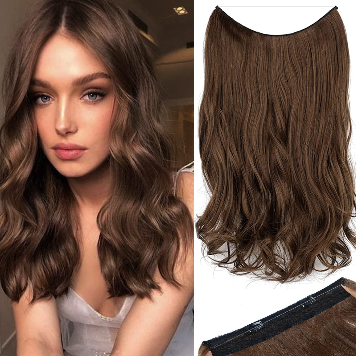 Halo Hair Extensions Thick Invisible Wire Hair Extension 5 Types Adjustable Headwidth Size Wavy Curly Long 18 Inches Hairpiece(Chocolate Brown)