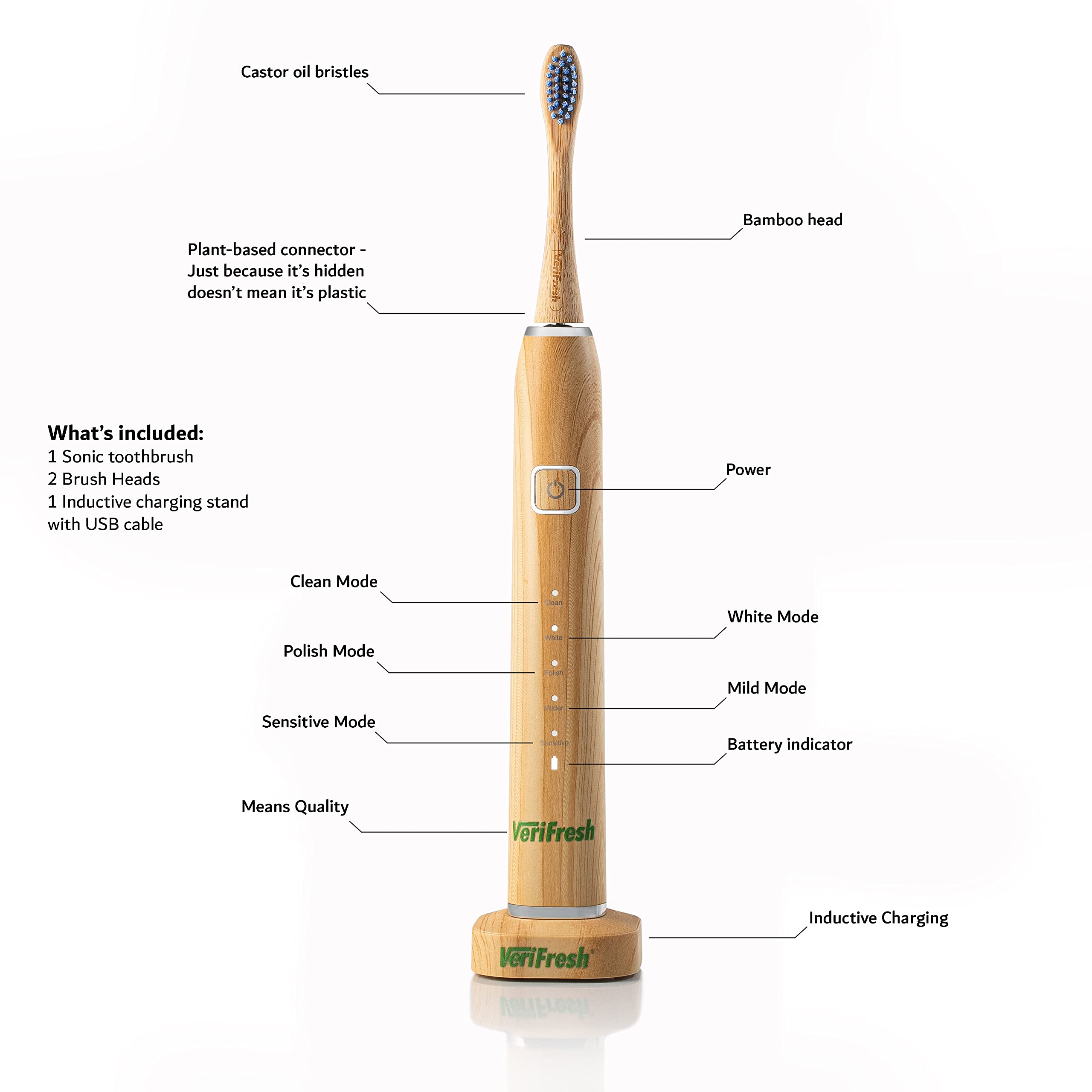 VeriFresh Sonic Bamboo Toothbrush - Biodegradeable Bamboo Heads with Castor Oil bristles - Includes 2 Brush Heads