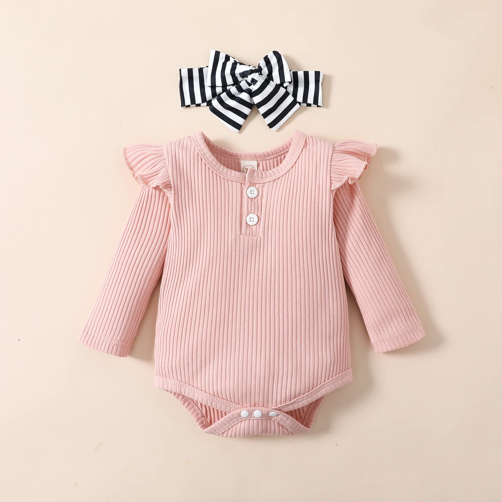 ADXSUN Newborn Baby Girl Clothes Ribbed Ruffled Romper+Striped/Cow/Leopard Flared Pants Infant Outifts 0-18 Months