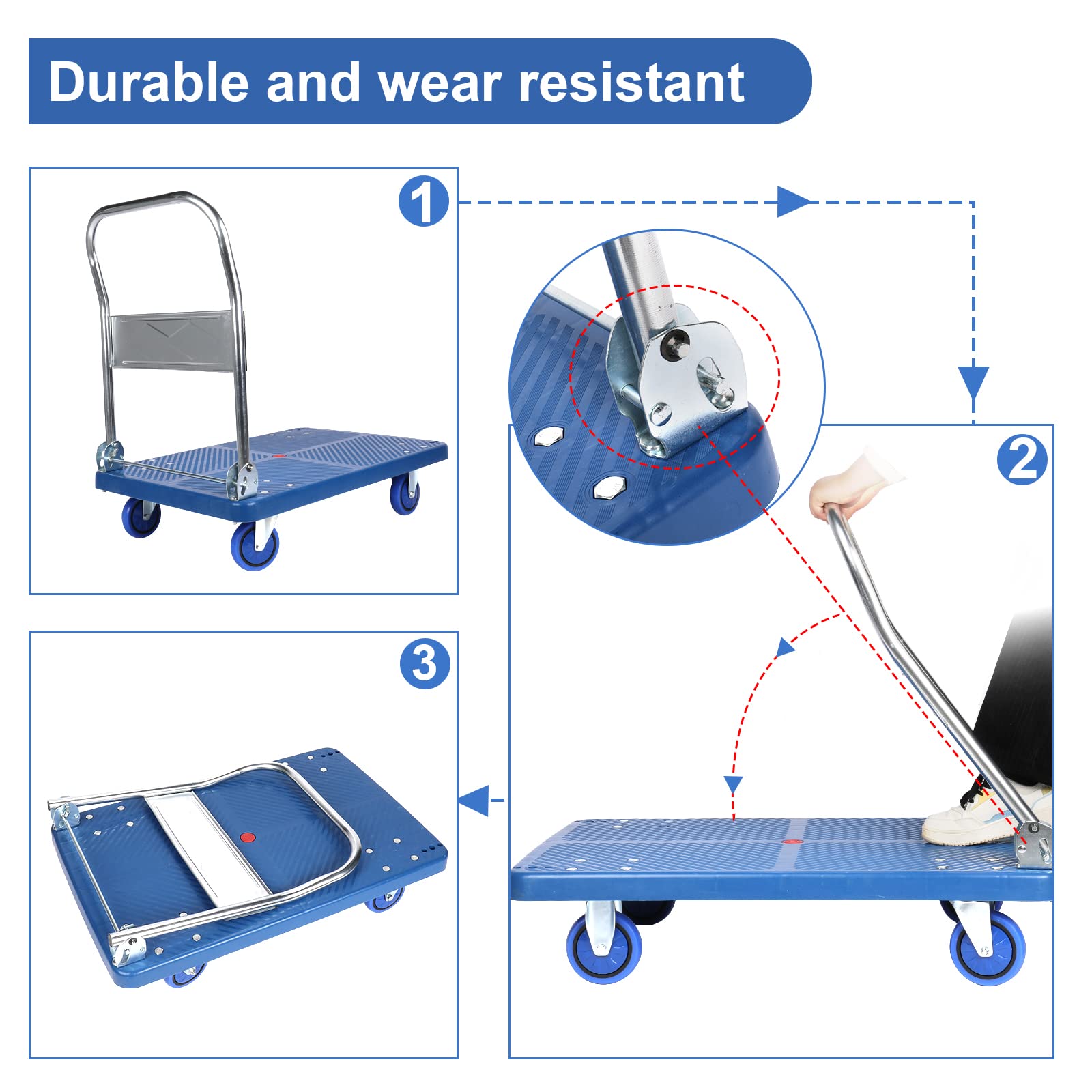 Heavy Duty Platform Hand Truck for Moving, Folding Flatbed Dolly with 360 Degree Swivel Wheels Foldable Push Hand Cart for Loading and Storage (L)