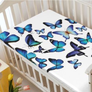 Butterflies Themed Fitted Mini Crib Sheets,Portable Mini Crib Sheets Soft and Breathable Bed Sheets-Baby Sheet for Boys Girls, 24“ x38“,Sky Blue Black Blue