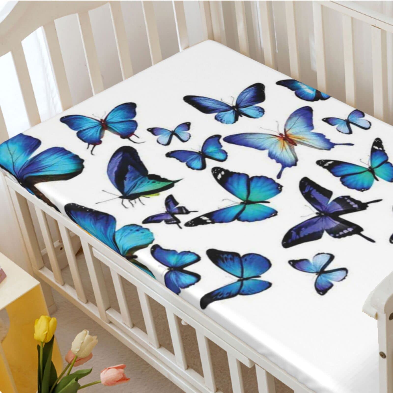 Butterflies Themed Fitted Mini Crib Sheets,Portable Mini Crib Sheets Soft and Breathable Bed Sheets-Baby Sheet for Boys Girls, 24“ x38“,Sky Blue Black Blue