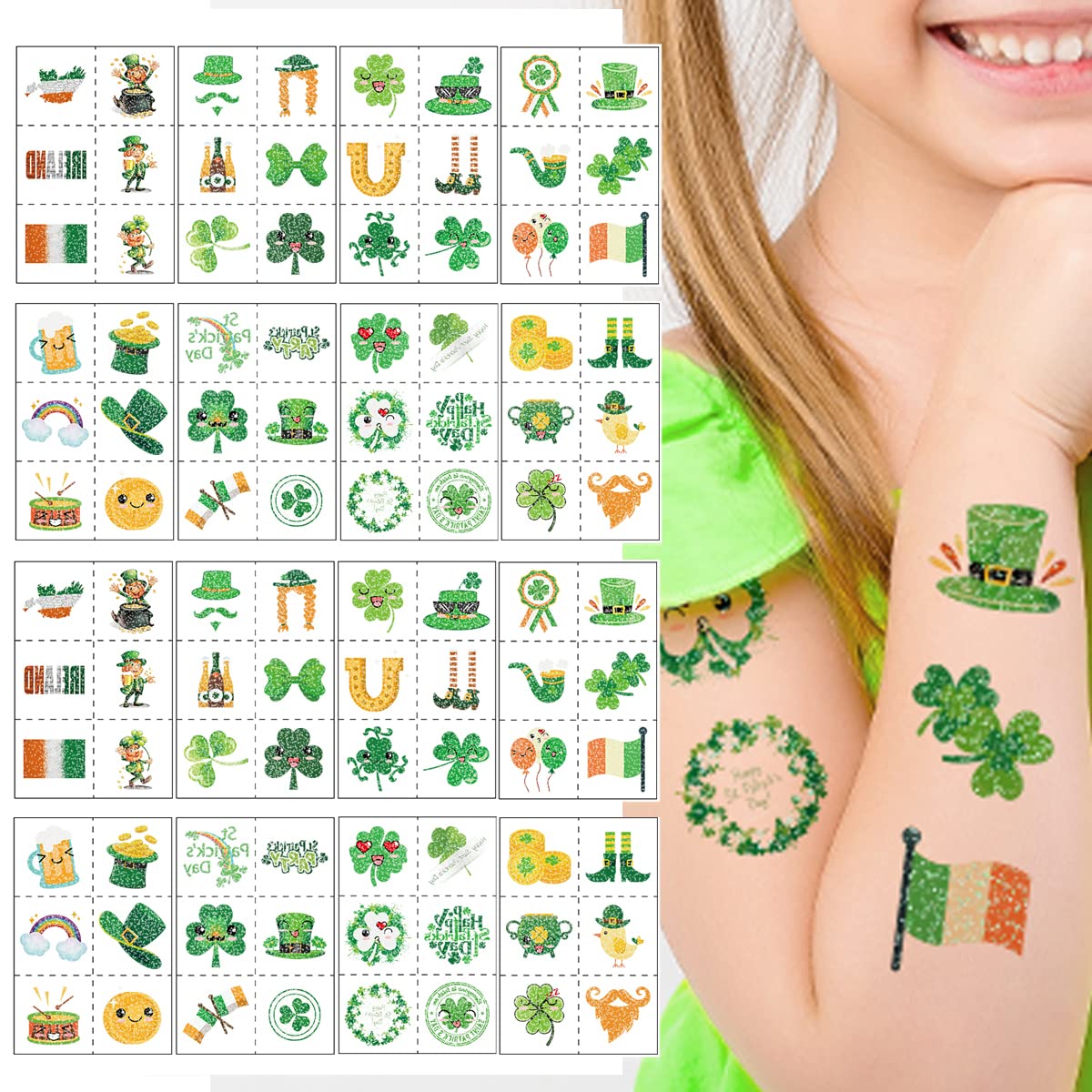 16 Sheets St Patrick's Day Tattoos for Kids, 96 Pieces Glitter Temporary Tattoos Green Shamrock Hat Irish Pattern Stickers for Face Body St Patricks Day Decorations Party Favors