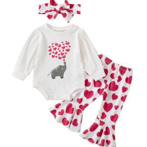 ADXSUN Baby Girl Valentine's Day Outfits Heart Print Romper+Flared Pants+Headband Infant Clothes 0-18 Months